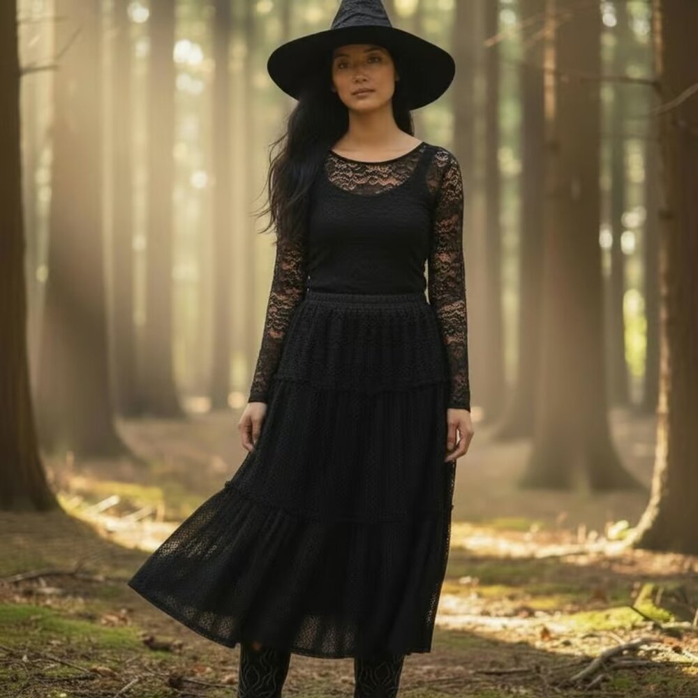 Celebrity Pink Witchy Goth Layered Lace Boho Gypsy Midi Tiered Maxi Skirt